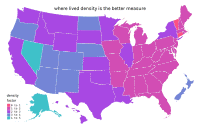 Chloropleth map of ratio of lived density to population density, including all 50 US states and New Zealand.